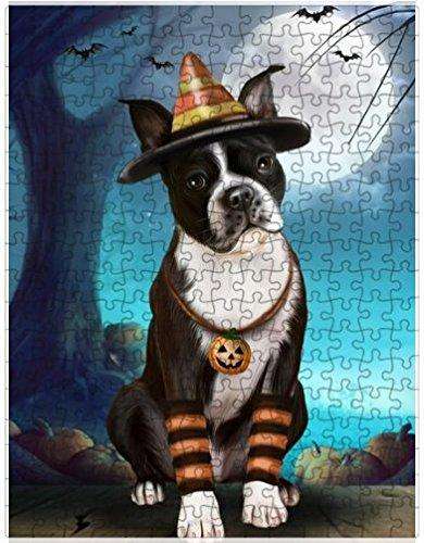 Happy Halloween Trick or Treat Boston Terrier Dog Candy Corn Puzzle with Photo Tin