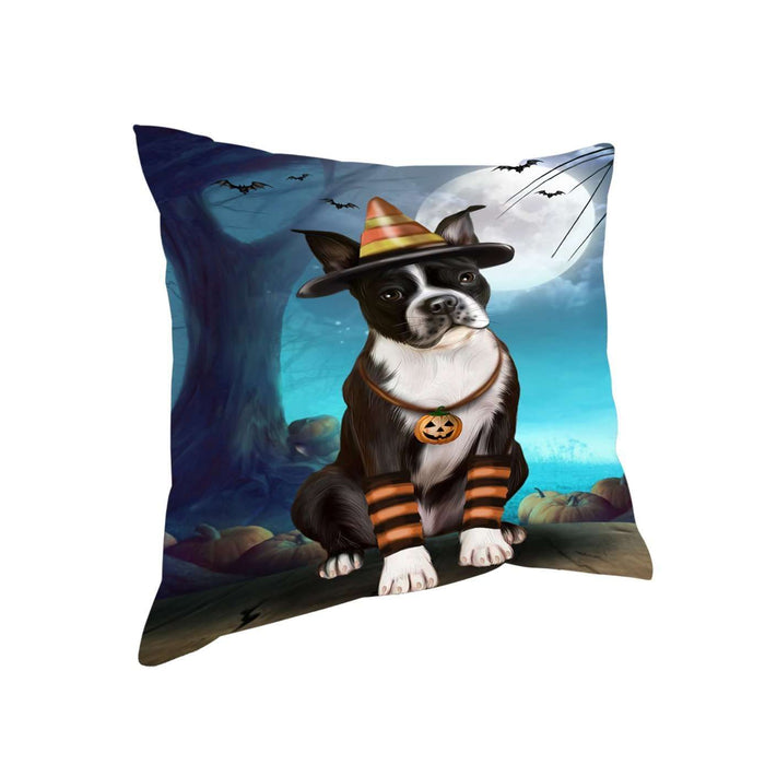 Happy Halloween Trick or Treat Boston Terrier Dog Candy Corn Throw Pillow