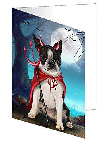 Happy Halloween Trick or Treat Boston Terrier Dog Devil Handmade Artwork Assorted Pets Greeting Cards and Note Cards with Envelopes for All Occasions and Holiday Seasons