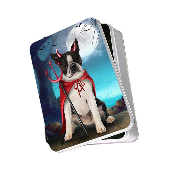 Happy Halloween Trick or Treat Boston Terrier Dog Devil Photo Storage Tin