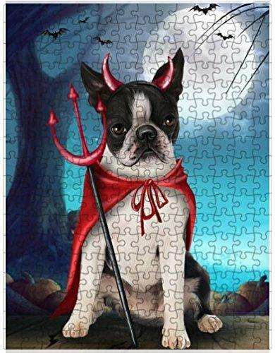 Happy Halloween Trick or Treat Boston Terrier Dog Devil Puzzle with Photo Tin
