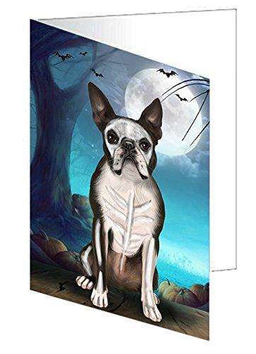 Happy Halloween Trick or Treat Boston Terrier Dog Skeleton Handmade Artwork Assorted Pets Greeting Cards and Note Cards with Envelopes for All Occasions and Holiday Seasons