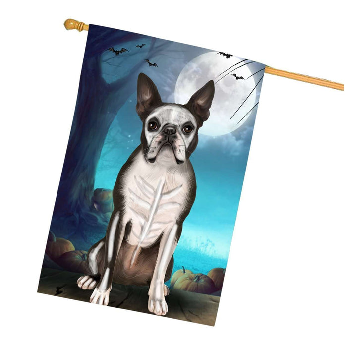 Happy Halloween Trick or Treat Boston Terrier Dog Skeleton House Flag
