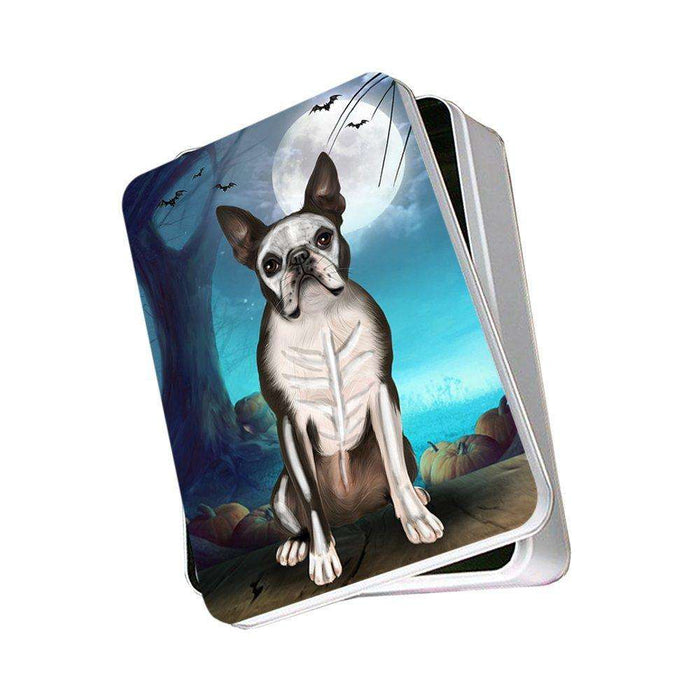 Happy Halloween Trick or Treat Boston Terrier Dog Skeleton Photo Storage Tin