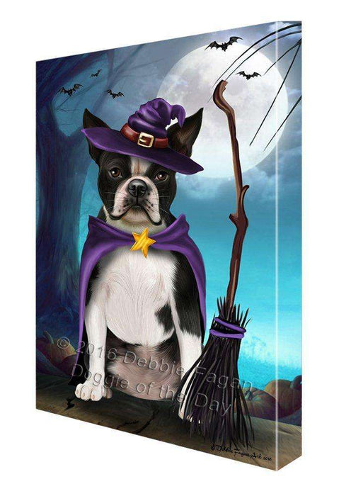 Happy Halloween Trick or Treat Boston Terrier Dog Witch Canvas Wall Art