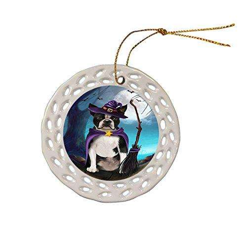 Happy Halloween Trick or Treat Boston Terrier Dog Witch Ceramic Doily Ornament