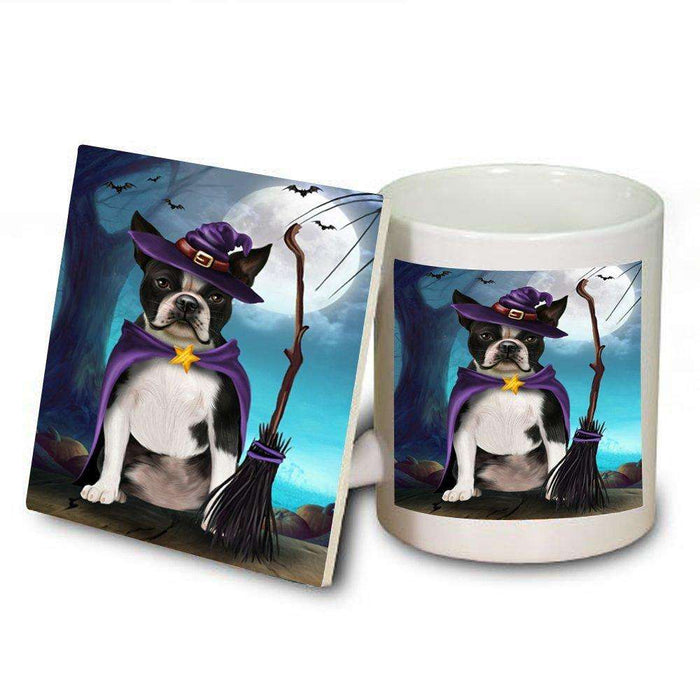 Happy Halloween Trick or Treat Boston Terrier Dog Witch Mug and Coaster Set