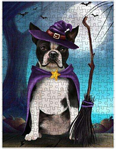 Happy Halloween Trick or Treat Boston Terrier Dog Witch Puzzle with Photo Tin