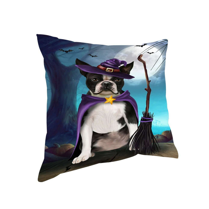 Happy Halloween Trick or Treat Boston Terrier Dog Witch Throw Pillow