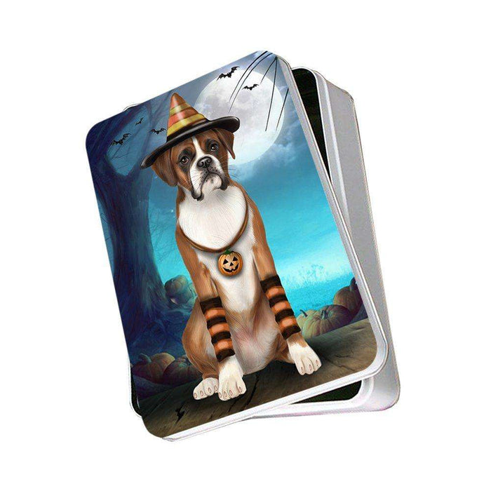 Happy Halloween Trick or Treat Boxer Dog Candy Corn Photo Storage Tin