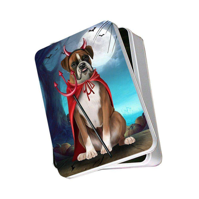Happy Halloween Trick or Treat Boxer Dog Devil Photo Storage Tin