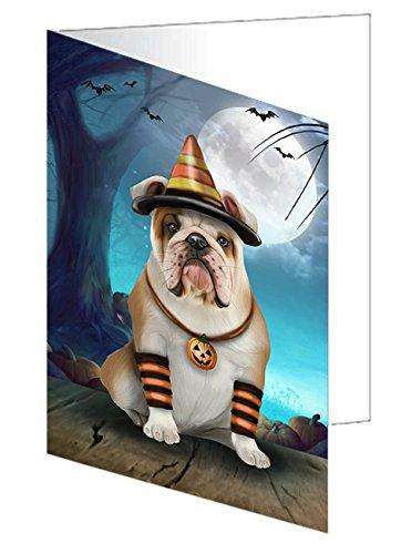 Happy Halloween Trick or Treat Bulldog Dog Candy Corn Handmade Artwork Assorted Pets Greeting Cards and Note Cards with Envelopes for All Occasions and Holiday Seasons