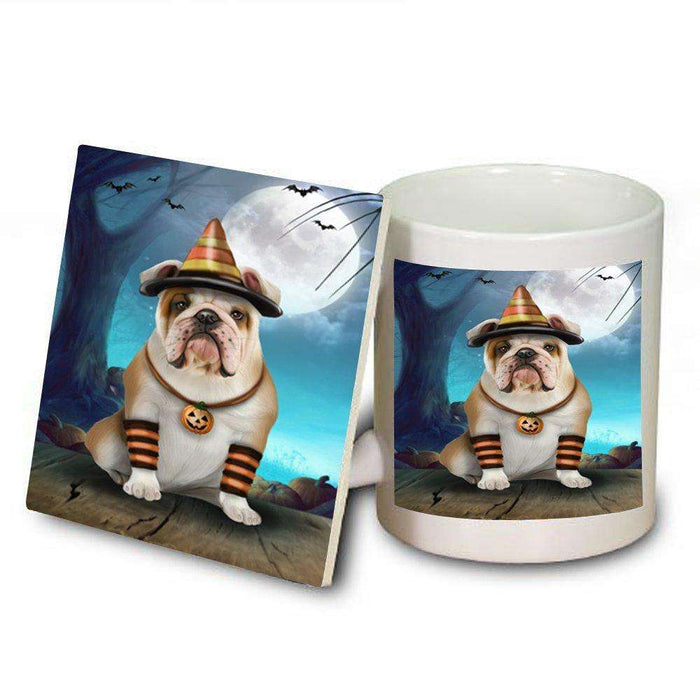 Happy Halloween Trick or Treat Bulldog Dog Candy Corn Mug and Coaster Set
