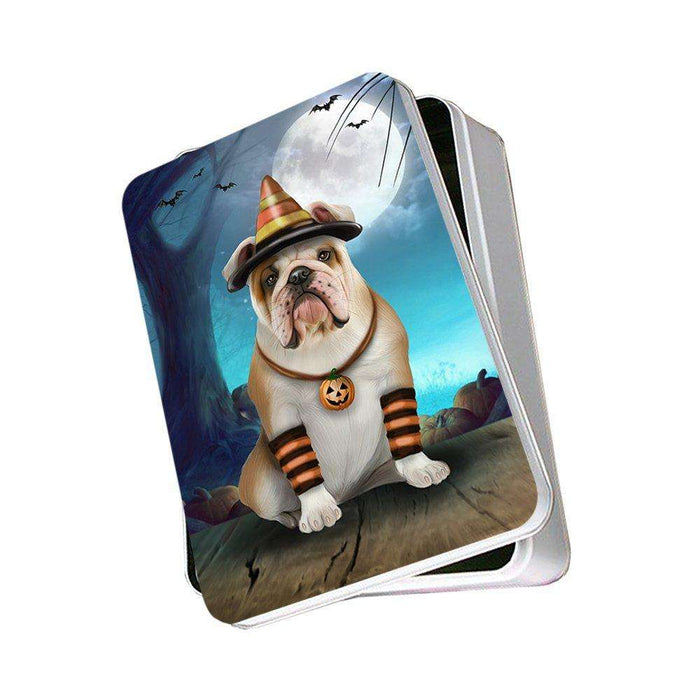 Happy Halloween Trick or Treat Bulldog Dog Candy Corn Photo Storage Tin