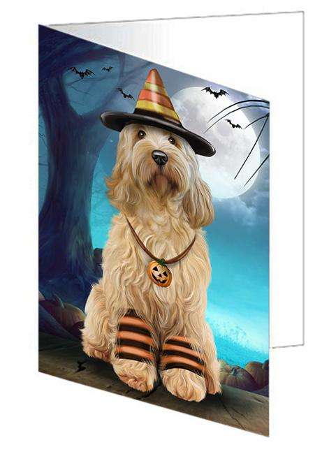 Happy Halloween Trick or Treat Cockapoo Dog Candy Corn Handmade Artwork Assorted Pets Greeting Cards and Note Cards with Envelopes for All Occasions and Holiday Seasons GCD61541