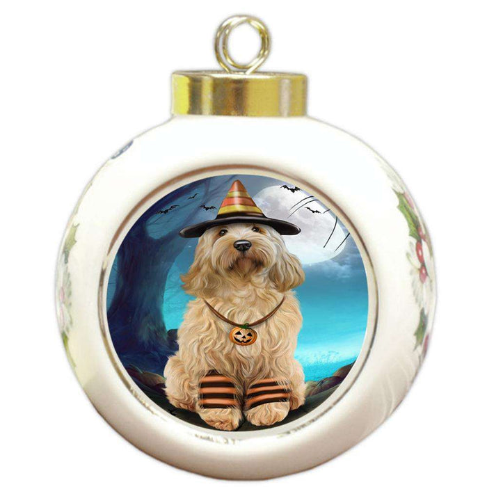 Happy Halloween Trick or Treat Cockapoo Dog Candy Corn Round Ball Christmas Ornament RBPOR52504