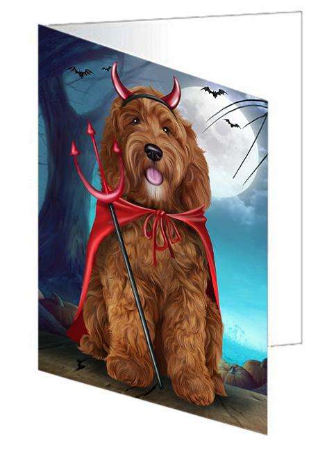 Happy Halloween Trick or Treat Cockapoo Dog Devil Handmade Artwork Assorted Pets Greeting Cards and Note Cards with Envelopes for All Occasions and Holiday Seasons GCD61598