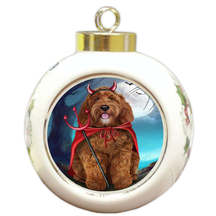 Happy Halloween Trick or Treat Cockapoo Dog Devil Round Ball Christmas Ornament RBPOR52523