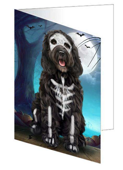 Happy Halloween Trick or Treat Cockapoo Dog Skeleton Handmade Artwork Assorted Pets Greeting Cards and Note Cards with Envelopes for All Occasions and Holiday Seasons GCD61655