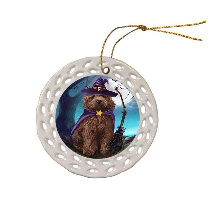 Happy Halloween Trick or Treat Cockapoo Dog Witch Ceramic Doily Ornament DPOR52561