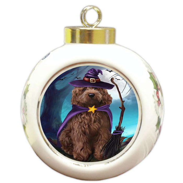 Happy Halloween Trick or Treat Cockapoo Dog Witch Round Ball Christmas Ornament RBPOR52561