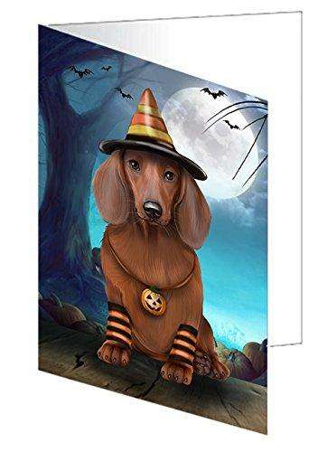 Happy Halloween Trick or Treat Dachshund Dog Candy Corn Handmade Artwork Assorted Pets Greeting Cards and Note Cards with Envelopes for All Occasions and Holiday Seasons D202