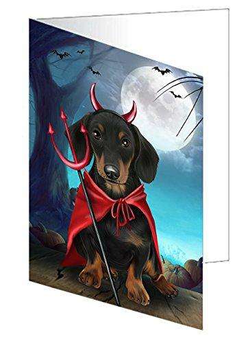 Happy Halloween Trick or Treat Dachshund Dog Devil Handmade Artwork Assorted Pets Greeting Cards and Note Cards with Envelopes for All Occasions and Holiday Seasons D203