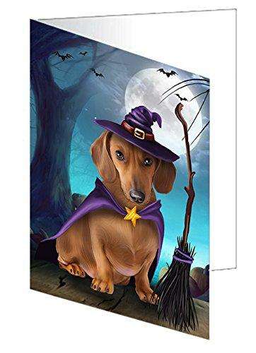 Happy Halloween Trick or Treat Dachshund Dog Witch Handmade Artwork Assorted Pets Greeting Cards and Note Cards with Envelopes for All Occasions and Holiday Seasons D205