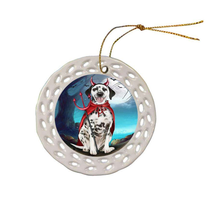 Happy Halloween Trick or Treat Dalmatian Dog Devil Ceramic Doily Ornament DPOR52524
