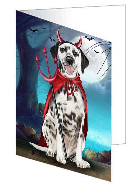 Happy Halloween Trick or Treat Dalmatian Dog Devil Handmade Artwork Assorted Pets Greeting Cards and Note Cards with Envelopes for All Occasions and Holiday Seasons GCD61601