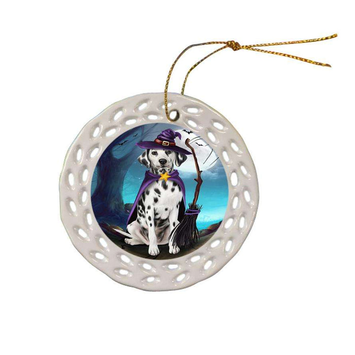 Happy Halloween Trick or Treat Dalmatian Dog Witch Ceramic Doily Ornament DPOR52562