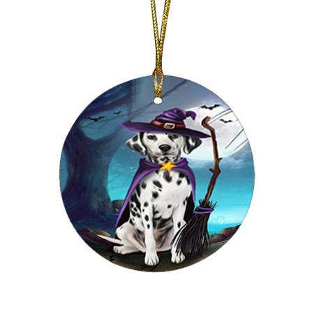 Happy Halloween Trick or Treat Dalmatian Dog Witch Round Flat Christmas Ornament RFPOR52553