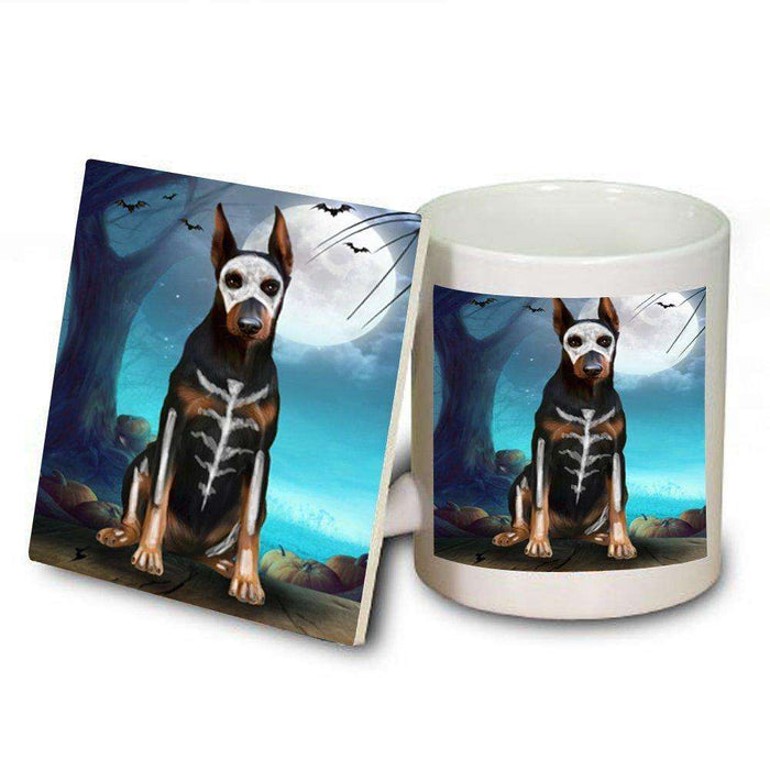 Happy Halloween Trick or Treat Doberman Dog Skeleton Mug and Coaster Set