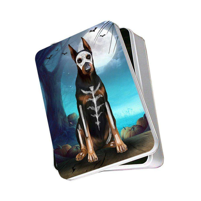 Happy Halloween Trick or Treat Doberman Dog Skeleton Photo Storage Tin