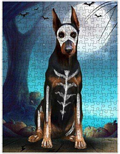 Happy Halloween Trick or Treat Doberman Dog Skeleton Puzzle with Photo Tin
