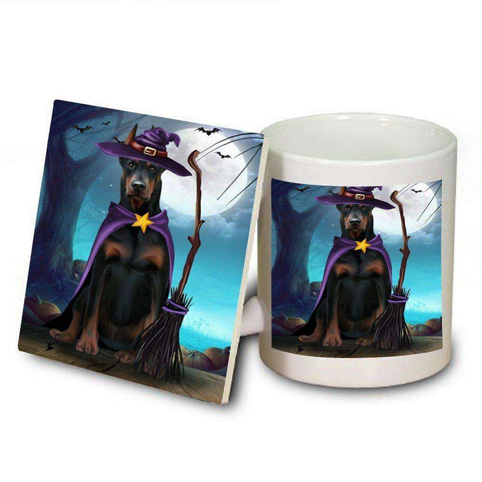 Happy Halloween Trick or Treat Doberman Dog Witch Mug and Coaster Set