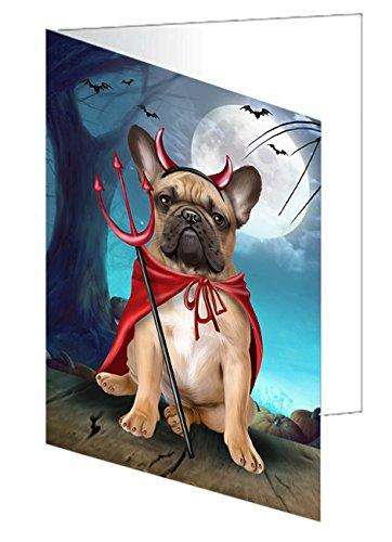 Happy Halloween Trick or Treat French Bulldog Devil Handmade Artwork Assorted Pets Greeting Cards and Note Cards with Envelopes for All Occasions and Holiday Seasons D208