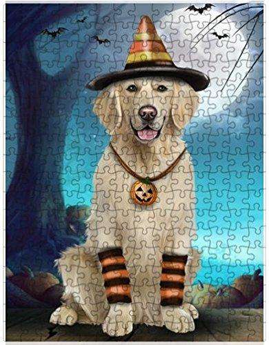 Happy Halloween Trick or Treat Golden Retriever Dog Candy Corn Puzzle with Photo Tin