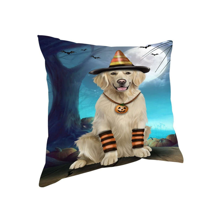 Happy Halloween Trick or Treat Golden Retriever Dog Candy Corn Throw Pillow