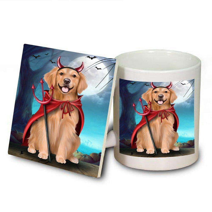 Happy Halloween Trick or Treat Golden Retriever Dog Devil Mug and Coaster Set