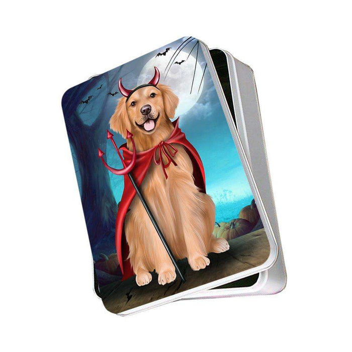 Happy Halloween Trick or Treat Golden Retriever Dog Devil Photo Storage Tin