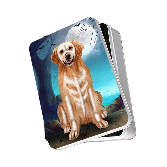 Happy Halloween Trick or Treat Golden Retriever Dog Skeleton Photo Storage Tin