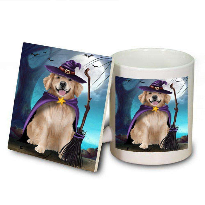 Happy Halloween Trick or Treat Golden Retriever Dog Witch Mug and Coaster Set