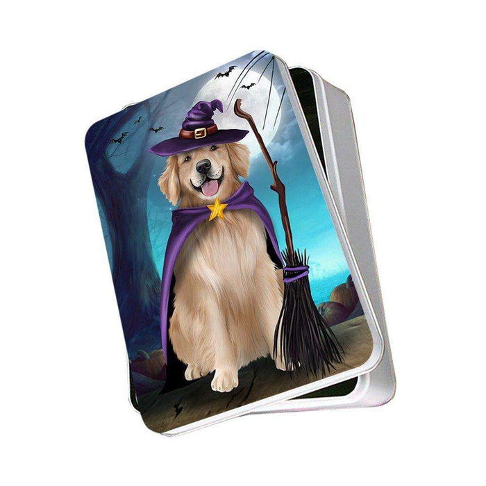 Happy Halloween Trick or Treat Golden Retriever Dog Witch Photo Storage Tin