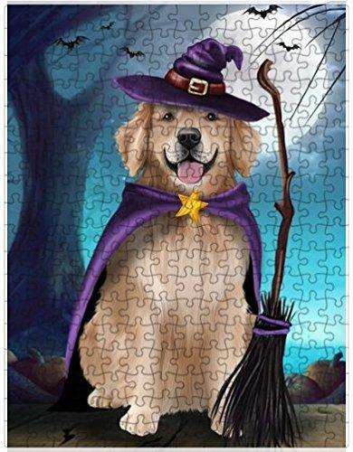 Happy Halloween Trick or Treat Golden Retriever Dog Witch Puzzle with Photo Tin