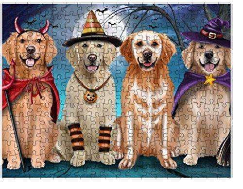 Happy Halloween Trick or Treat Golden Retrievers Dog in Costumes Puzzle with Photo Tin