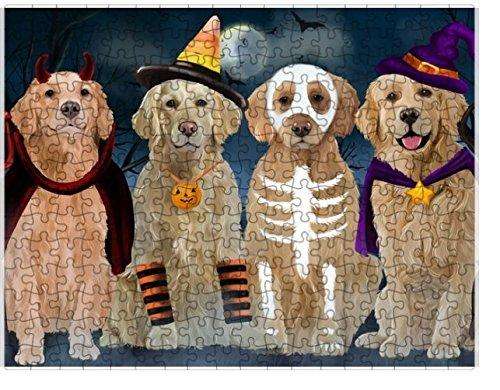 Happy Halloween Trick Or Treat Golden Retrievers Dog In Costumes Puzzle with Photo Tin
