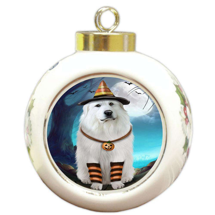 Happy Halloween Trick or Treat Great Pyrenee Dog Candy Corn Round Ball Christmas Ornament RBPOR52506