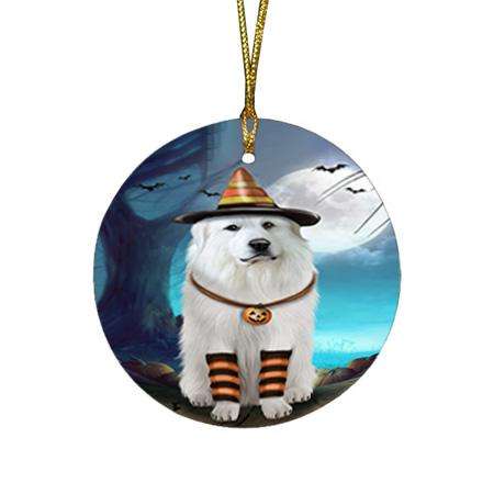 Happy Halloween Trick or Treat Great Pyrenee Dog Candy Corn Round Flat Christmas Ornament RFPOR52497