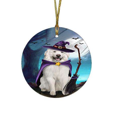 Happy Halloween Trick or Treat Great Pyrenee Dog Witch Round Flat Christmas Ornament RFPOR52554